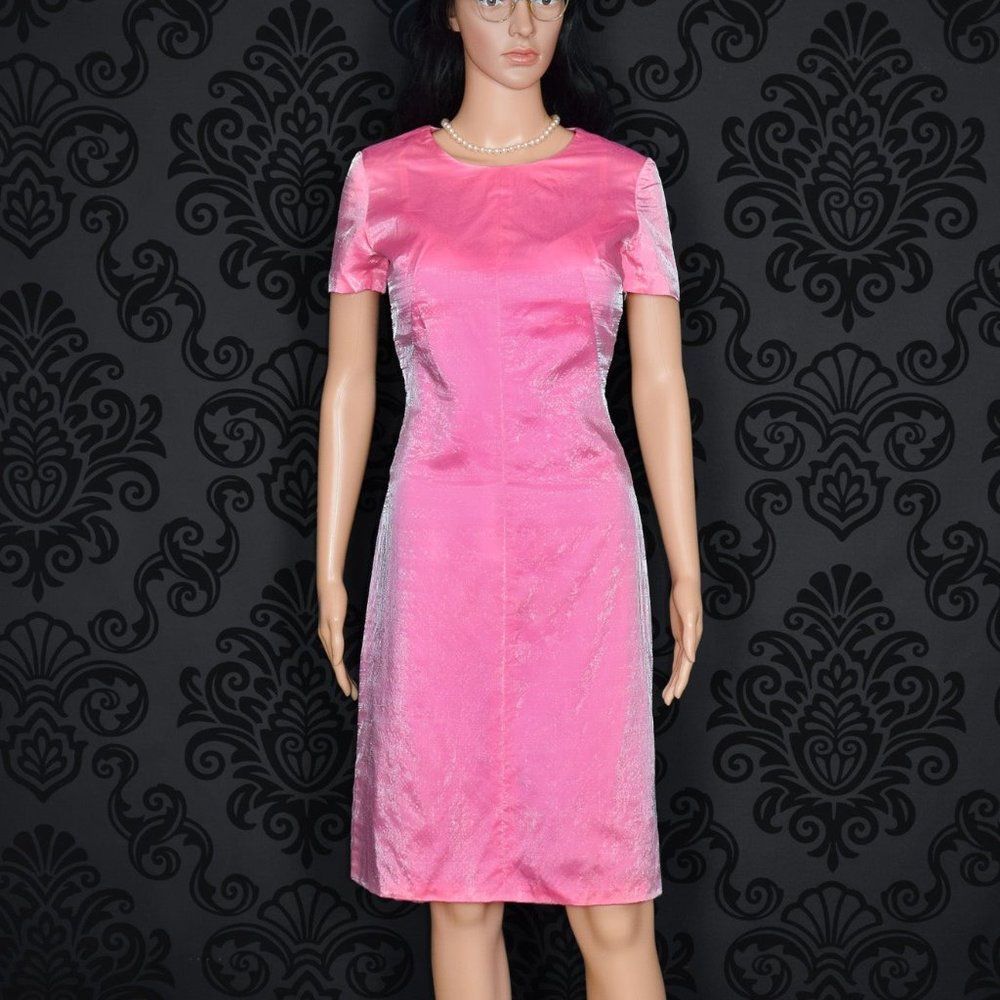 Vintage 50s Pink Satin w/ Sheer Overlay Sheath Short Sleeve Cocktail Dress